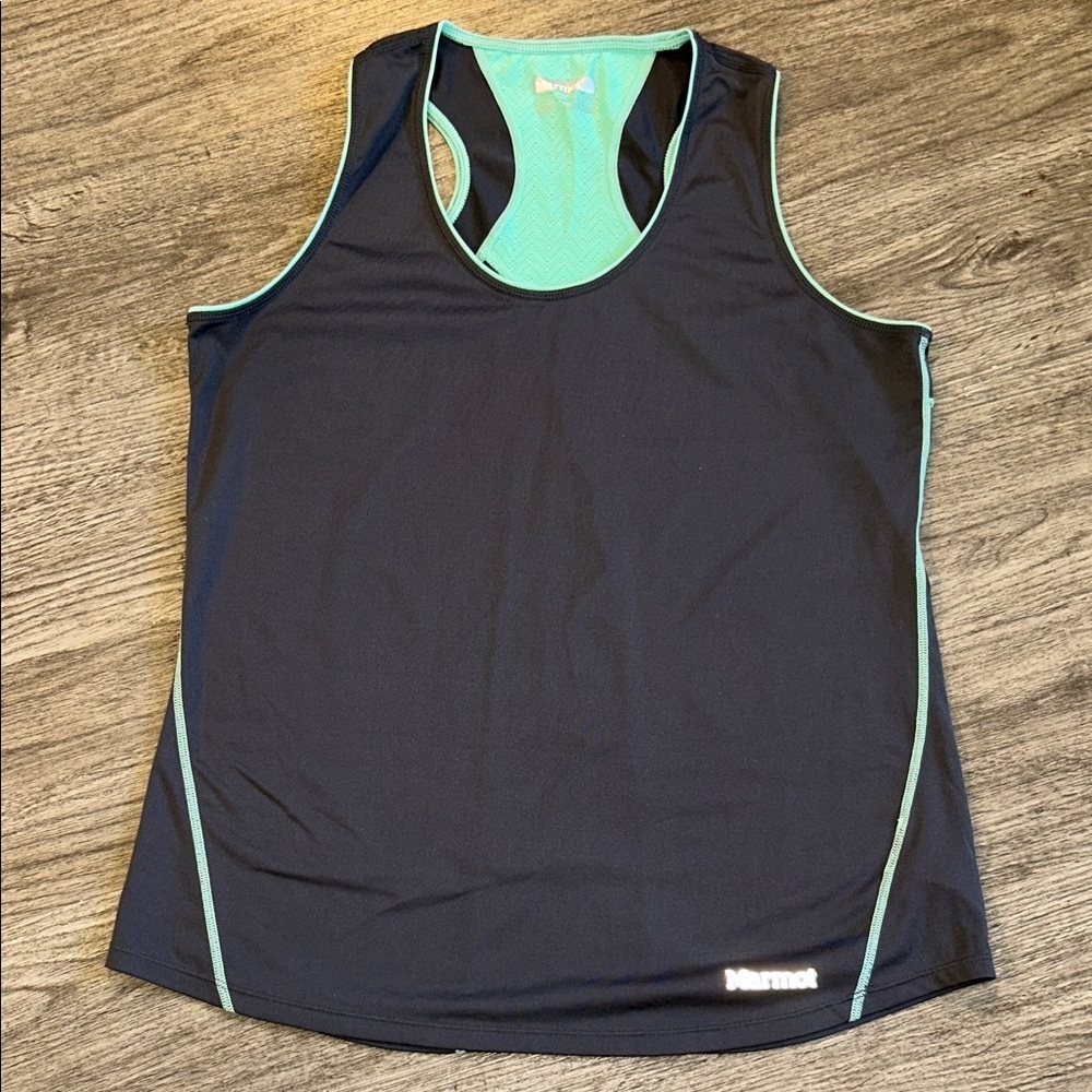 Marmot Racerback Athletic Tank Top Women’s Large Black Teal Mesh Running Workout